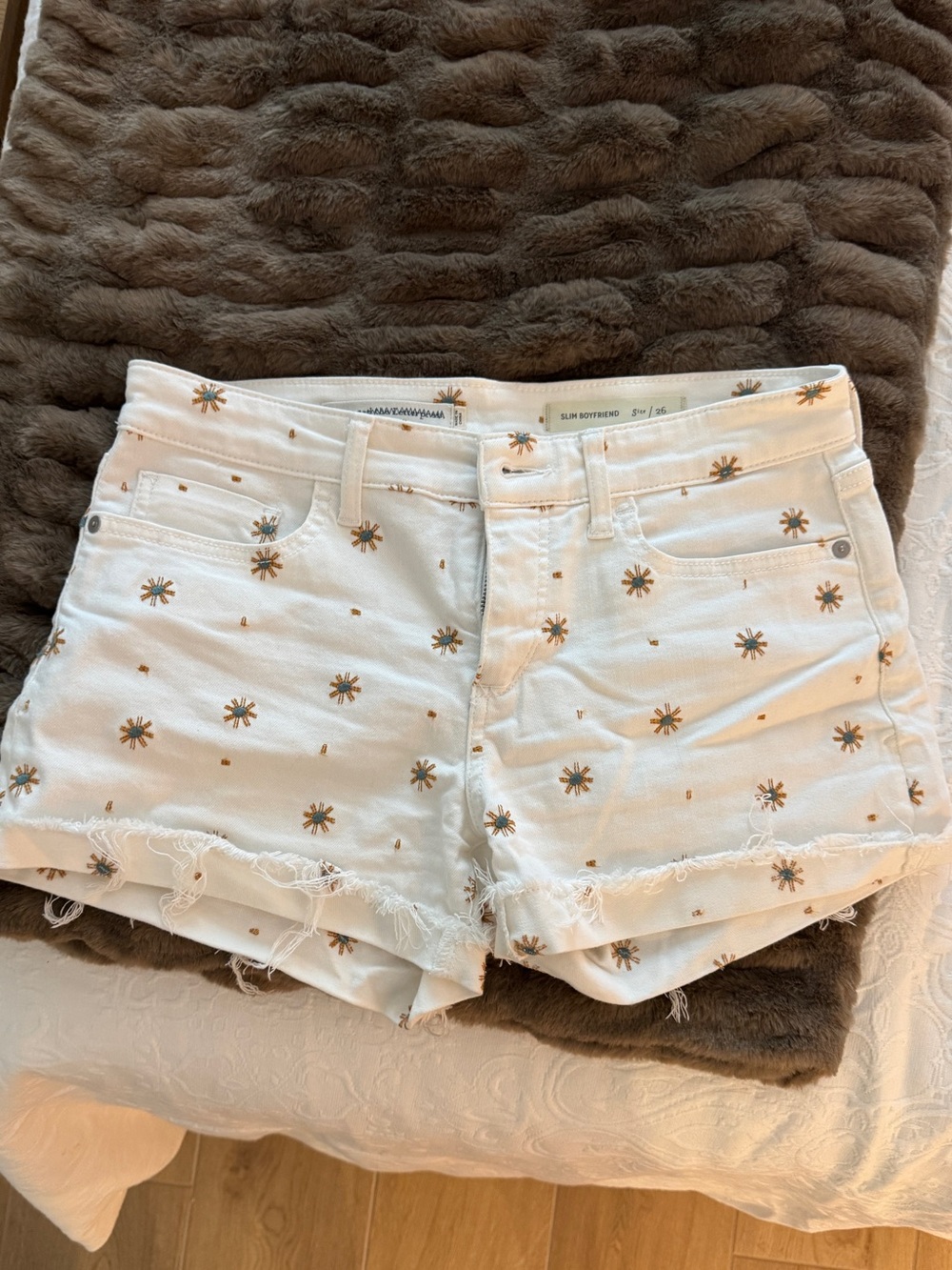 Pilcro White Denim Floral Embroidered Shorts